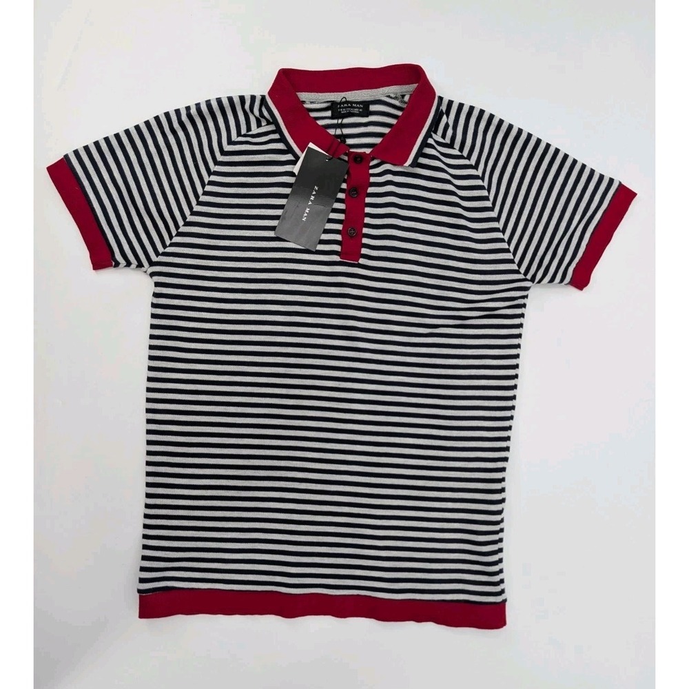 New Zara Mens Striped Knit Polo Blue Red Size M Preppy Stretch